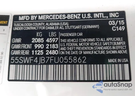 2015 Mercedes-Benz C 300 from USA, damaged, VIN 55SWF4JB7FU055862